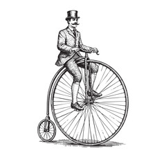 Vintage Penny Farthing High Wheel Bicycle Engraving Vector Illustration
