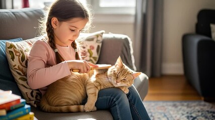 A young girl gently petting a relaxed orange tabby cat while sitting on a comfortable sofa. - Powered by Adobe
