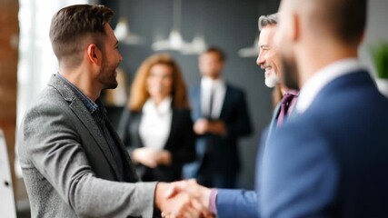 Modern international business etiquette networking scene with professionals exchanging greeting politely young man handshake with - Powered by Adobe