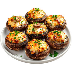 Delicious savory stuffed mushrooms isolated on white background, an elegant and flavorful appetizer filled with herbs, cheese, and breadcrumbs