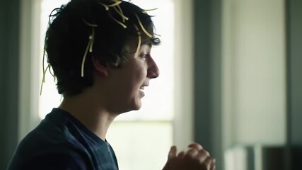 Teenager's Gleeful Antics: Spaghetti Noodles Adorn Hair in a Playful Moment of Joy