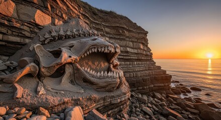 Ancient predator skeleton on a rocky coast, illuminated by the tranquil ocean sunset
