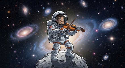 Astronaut serenading the cosmos with a celestial violin composition illustration