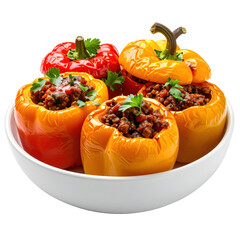 Homemade stuffed pepper with meat, a traditional dish presented without a plate for a clean composition, isolated on white background