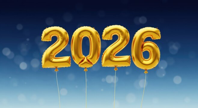 New Year's Eve 2026: The New Year's Eve festivities in 2026 bring the new future and hope. with golden number balloons on a radiant backdrop of glittering lights.