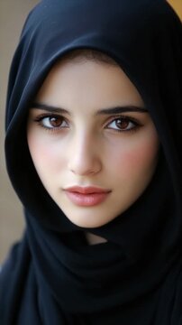Young beautiful Palestinian woman in black hijab. Arabic Muslim lady in traditional clothes