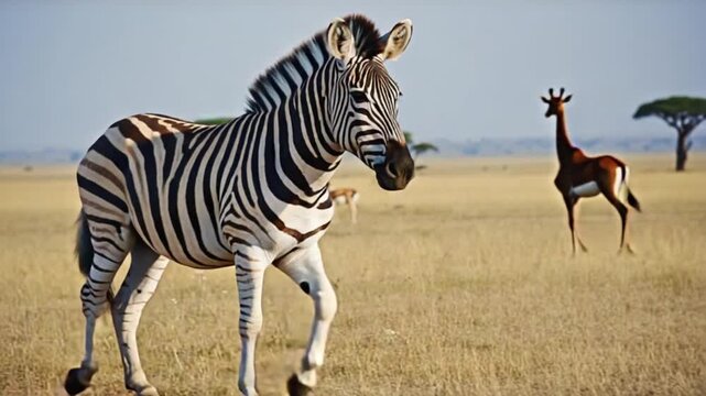 Zebra standing in a field with giraffe and antelope in the background on a sunny day outdoors zebra video