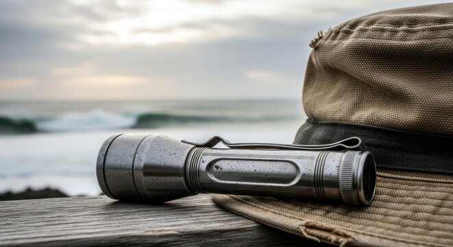Beach expedition essentials: weathered hat and dependable flashlight on the shoreline overlook