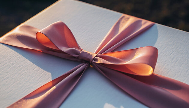 White gift box with pink ribbon illuminated by warm light. - Powered by Adobe