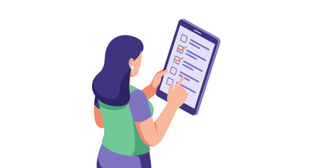 A woman is shown from behind, interacting with a digital tablet displaying a checklist with several items marked as complete.