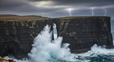 Dramatic coastal landscape showcasing powerful ocean waves crashing against majestic cliffs during