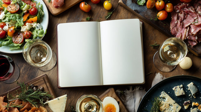 Gathering around food and drinks at a festive table with an open notebook