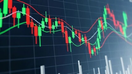 Financial stock market candlestick chart with moving averages and volume bars on a dark background, representing trading and investment