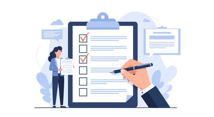 A person checking a list on a clipboard while another person writes on it with a pen.