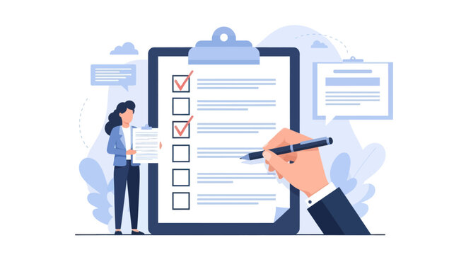 A person checking a list on a clipboard while another person writes on it with a pen.