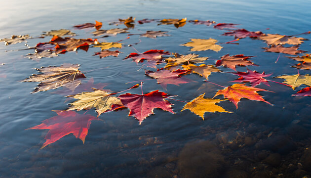 Colorful autumn leaves float on clear water surface.