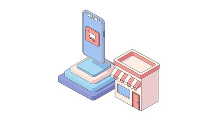 An isometric illustration of a smartphone with a shopping app icon next to a physical storefront, representing e-commerce and online retail.