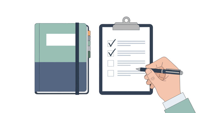 A person's hand with a pen completing a checklist on a clipboard next to a closed notebook.