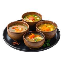 Warm vegetable broth served as elegant shots, a simple and comforting vegan appetizer, professionally isolated on white background for a clean look