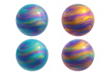 Iridescent glassy spheres abstract rendering vibrant swirling reflections on transparent background