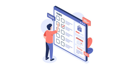 Isometric illustration of a man checking off a task on a digital checklist on a large screen, indicating completion and productivity.