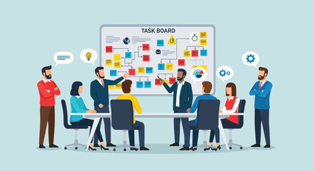 A diverse group of professionals collaborating around a table, discussing a task board with colorful flowcharts and icons during a business meeting.
