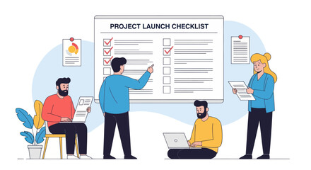 A team of professionals collaborating to review and complete tasks on a project launch checklist displayed on a large whiteboard.