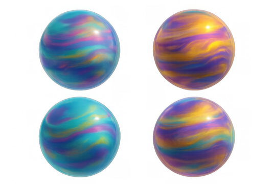 Iridescent glassy spheres abstract rendering vibrant swirling reflections on transparent background