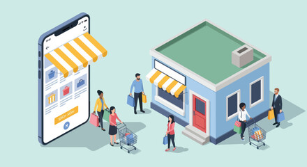 Isometric illustration depicting online shopping and a physical store, with people interacting with both, showcasing e-commerce and retail. © Yahya