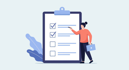 A person with a briefcase is completing a checklist, marking tasks with a pen.