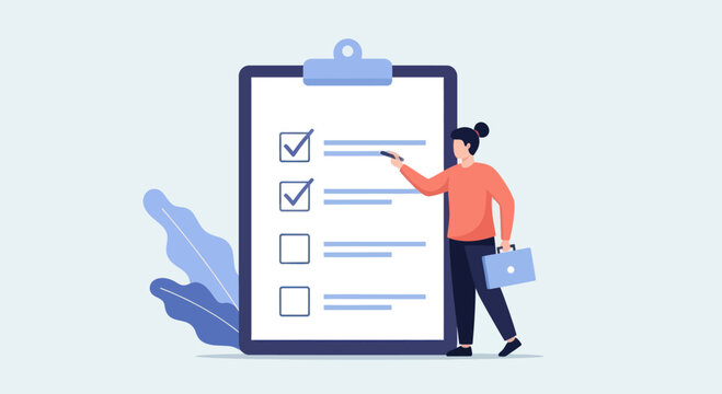 A person with a briefcase is completing a checklist, marking tasks with a pen.