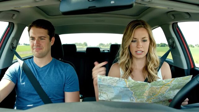 A young couple on a road trip, with the woman navigating using a paper map.