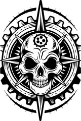Obraz premium SVG gothic steampunk symbolic art design. Intricate Skull Design with Gears and Compass Motif in Black and White