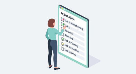 A businesswoman checks off a completed task on a large digital project management checklist.