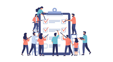 A diverse group of people collaborating to complete a large checklist, marking items with ticks, symbolizing teamwork and task management.