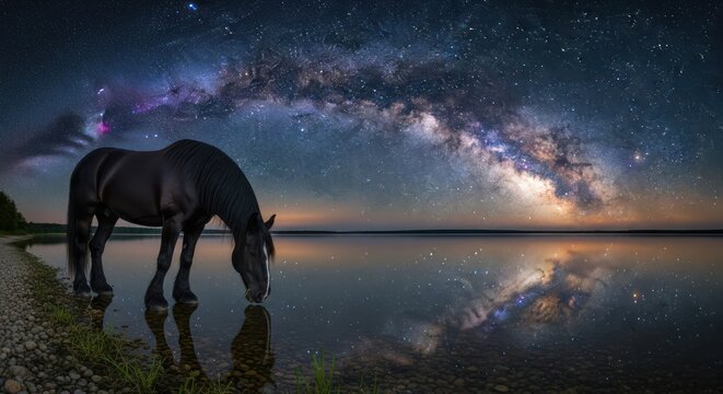 Majestic black horse drinking reflecting the ethereal milky way galaxy on a tranquil lake
