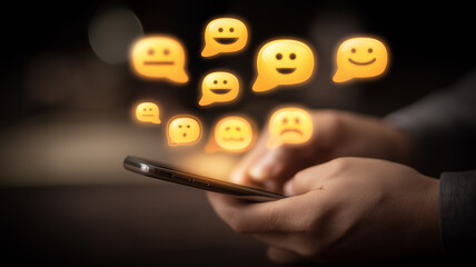 Hands holding a phone while chat icons arise, expressing social messaging, community engagement and real time reactions for brand conversation and outreach.

