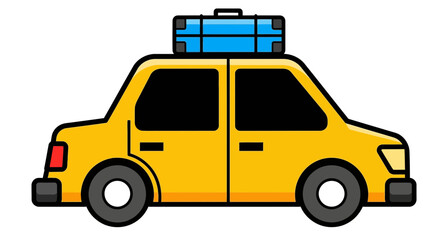 Naklejka premium Cute yellow cartoon car ready for vacation with blue suitcase vector