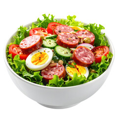 Simple wurstsalat, a flavorful and easy-to-make german cold sausage salad, cleanly isolated on white background for a studio shot with copy space