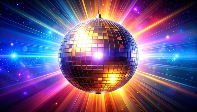 A sparkly, disco ball surrounded by radiant, colorful light streaks