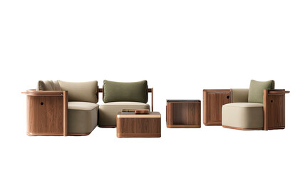 Sectional seating modern wood, beige fabric, olive pillows