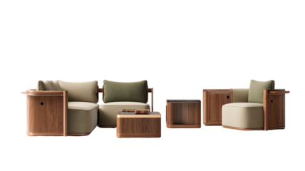 Sectional seating modern wood, beige fabric, olive pillows
