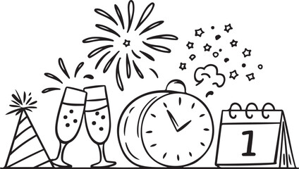 New Year Celebration Line Art Icons Clock Champagne Fireworks Confetti Calendar Party Hat
