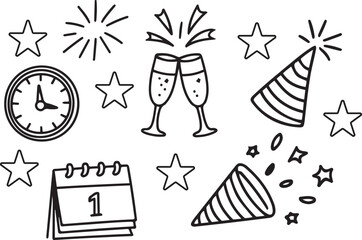 Fototapeta premium New Year Celebration Line Art Icons Clock Champagne Fireworks Confetti Calendar Party Hat 