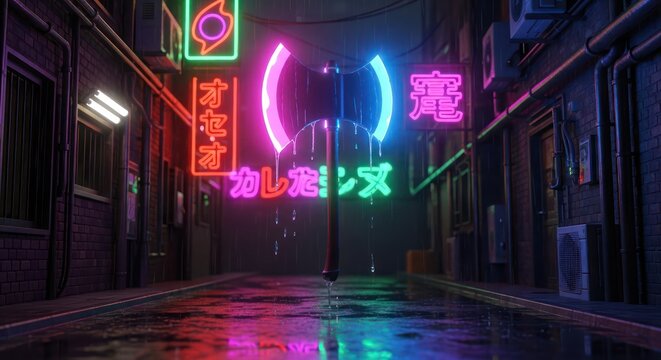 Urban nocturnal alley with glowing neon signs and reflective wet surface aesthetics