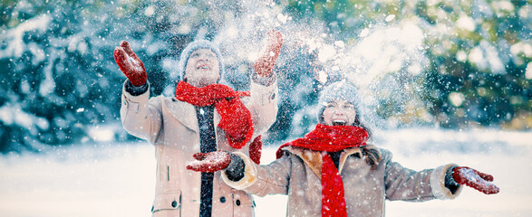 Two friends are enjoying a snowy day outdoors. They are wearing warm coats and scarves, laughing as...