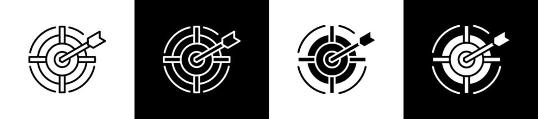 Retargeting icon set in line and glyph style on black and white background