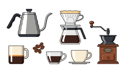 Coffee Brewing Process with Pour Over and Espresso Equipment in Kitchen