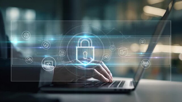 Businessman Typing on Laptop with Digital Security Icons Representing Cybersecurity and Data Protection Concepts in Modern Technology Environment. Defense.