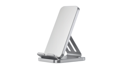Sleek silver phone stand for modern desks, enhancing productivity and style, perfect for video calls, streaming, or handsfree convenience, stylish tech isolated on white or transparent png.